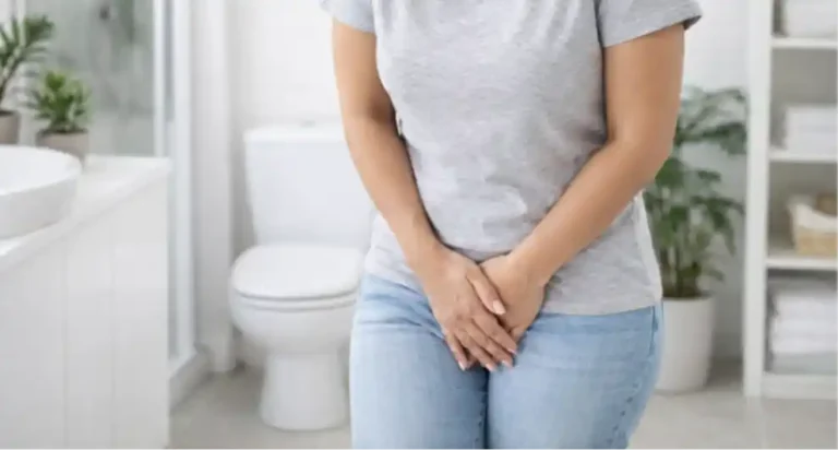 femme qui se tient les parties intimes car elle cache un bouton blanc sur le clitoris