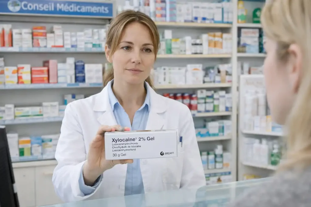 pharmacienne qui montre le produit xylocaine gel vulve